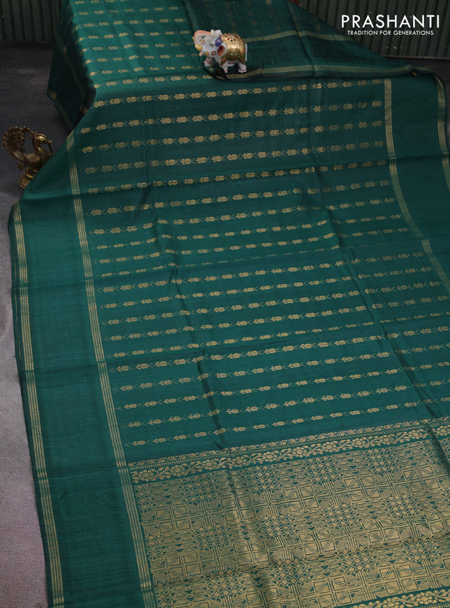 Pure dupion silk saree peacock green with allover zari weaves and rettapet zari woven border