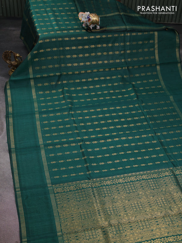 Pure dupion silk saree peacock green with allover zari weaves and rettapet zari woven border