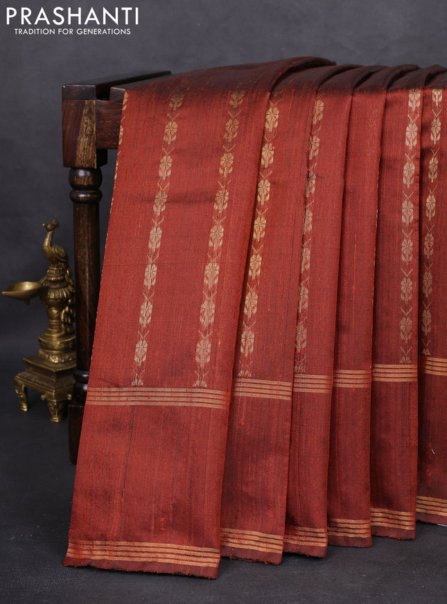 Pure dupion silk saree brown with allover zari weaves and rettapet zari woven border