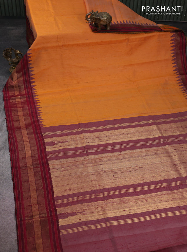 Pure dupion silk saree yellow and maroon with plain body and temple design zari woven border