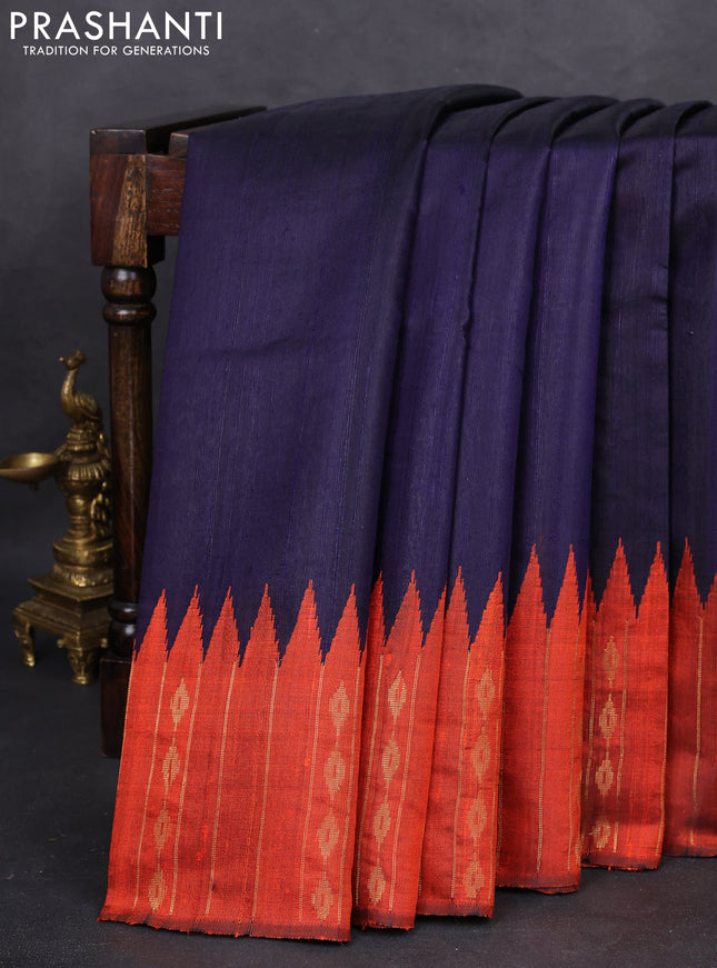Pure dupion silk saree navy blue and rustic orange with plain body and temple design zari woven border