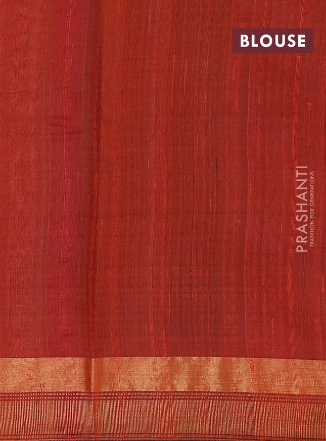 Pure dupion silk saree navy blue and rustic orange with plain body and temple design zari woven border