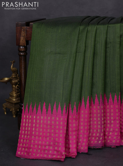 Pure dupion silk saree sap green and pink with plain body and temple design zari woven border