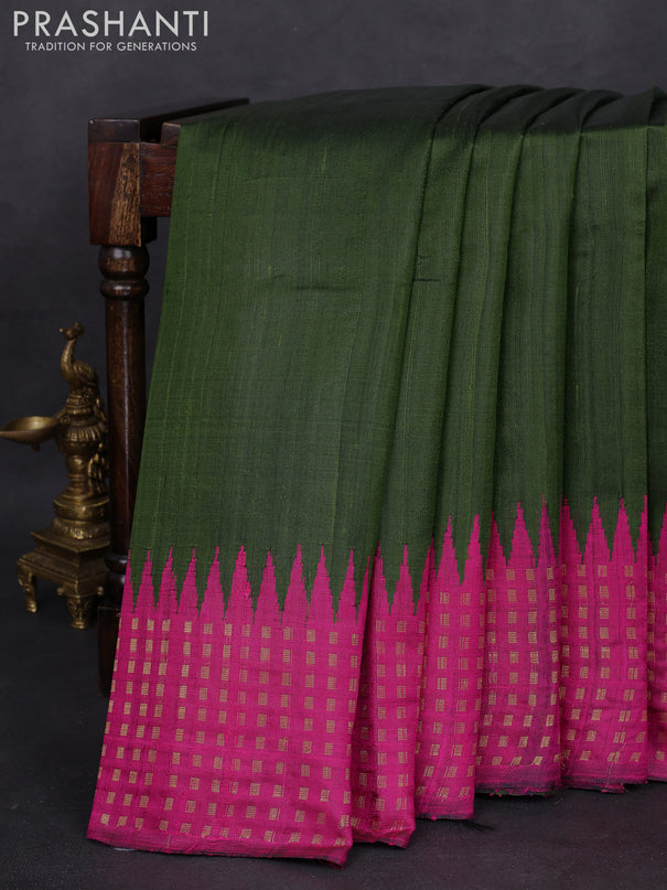 Pure dupion silk saree sap green and pink with plain body and temple design zari woven border