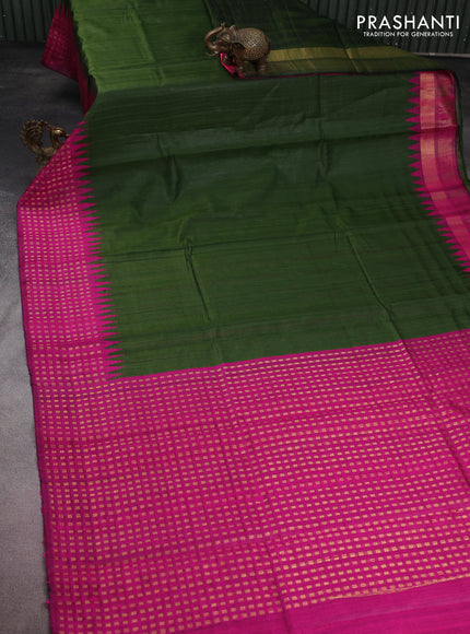 Pure dupion silk saree sap green and pink with plain body and temple design zari woven border