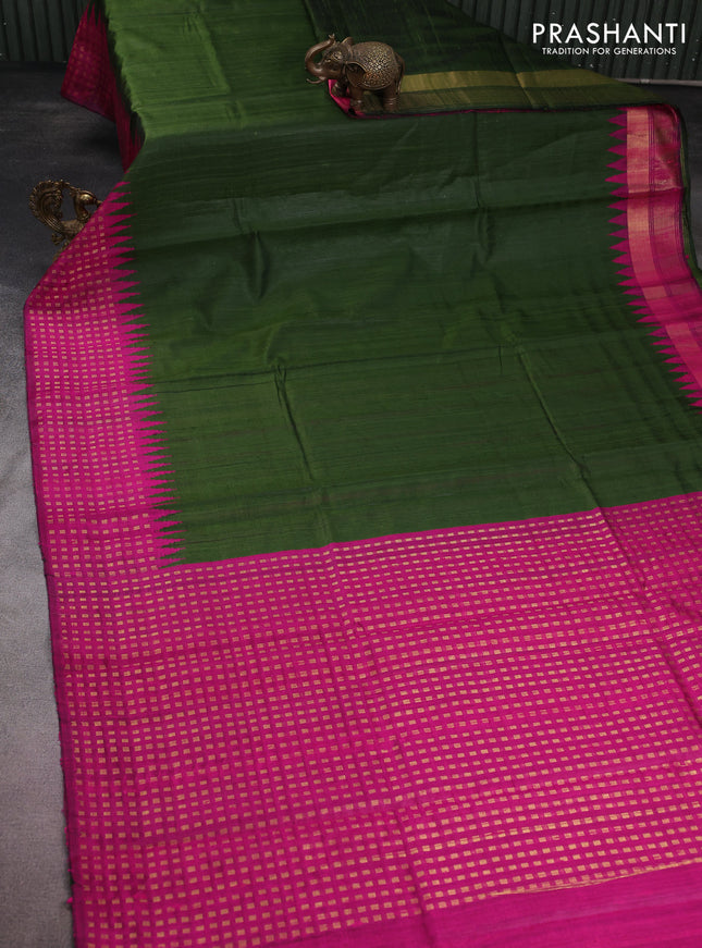 Pure dupion silk saree sap green and pink with plain body and temple design zari woven border