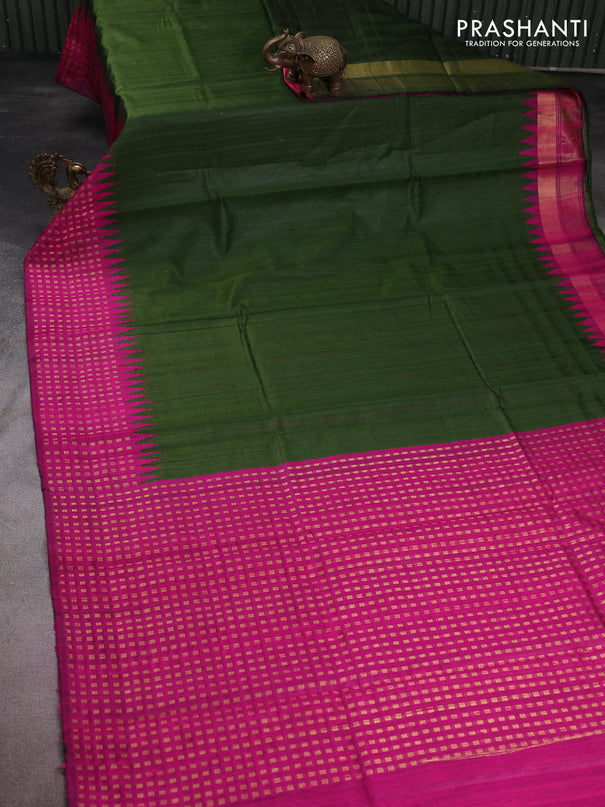 Pure dupion silk saree sap green and pink with plain body and temple design zari woven border