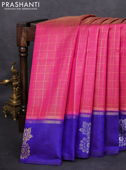 Pure dupion silk saree pink and blue with allover zari checked pattern and zari woven butta border