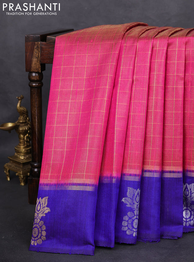 Pure dupion silk saree pink and blue with allover zari checked pattern and zari woven butta border
