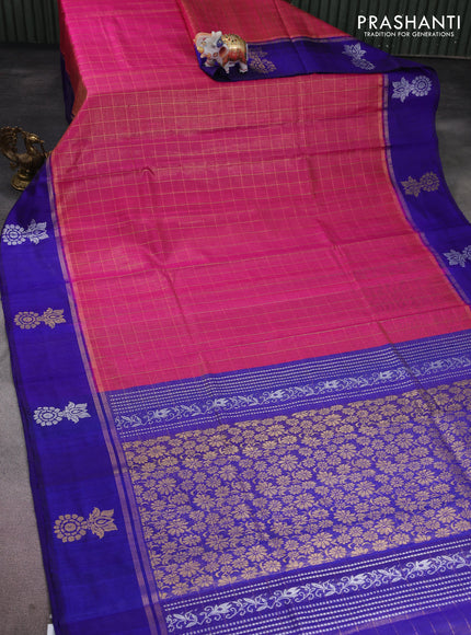 Pure dupion silk saree pink and blue with allover zari checked pattern and zari woven butta border