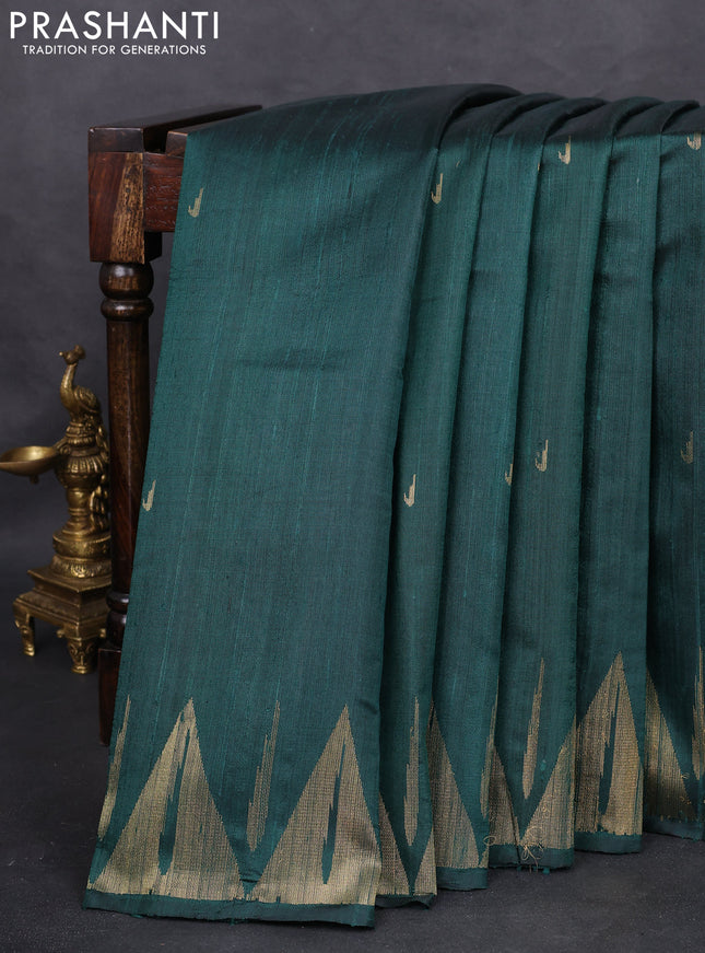 Pure dupion silk saree peacock green with zari woven muniya buttas and temple design zari woven border