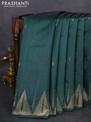 Pure dupion silk saree peacock green with zari woven muniya buttas and temple design zari woven border