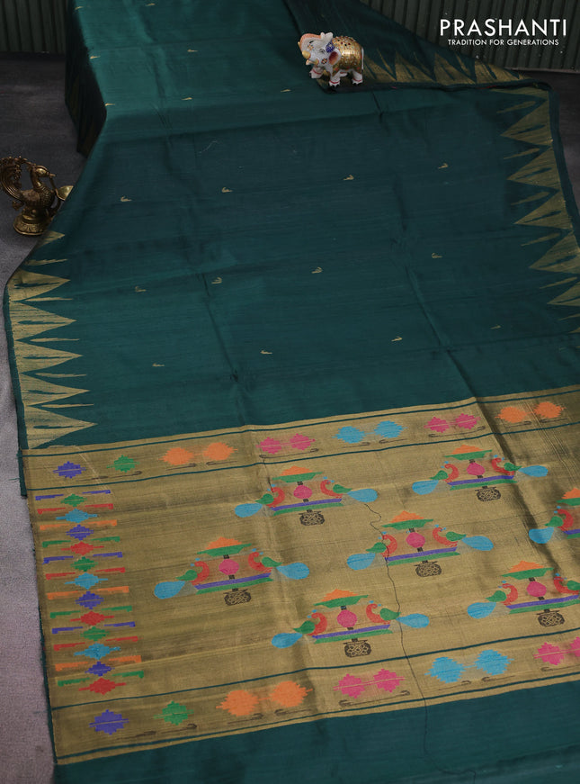 Pure dupion silk saree peacock green with zari woven muniya buttas and temple design zari woven border