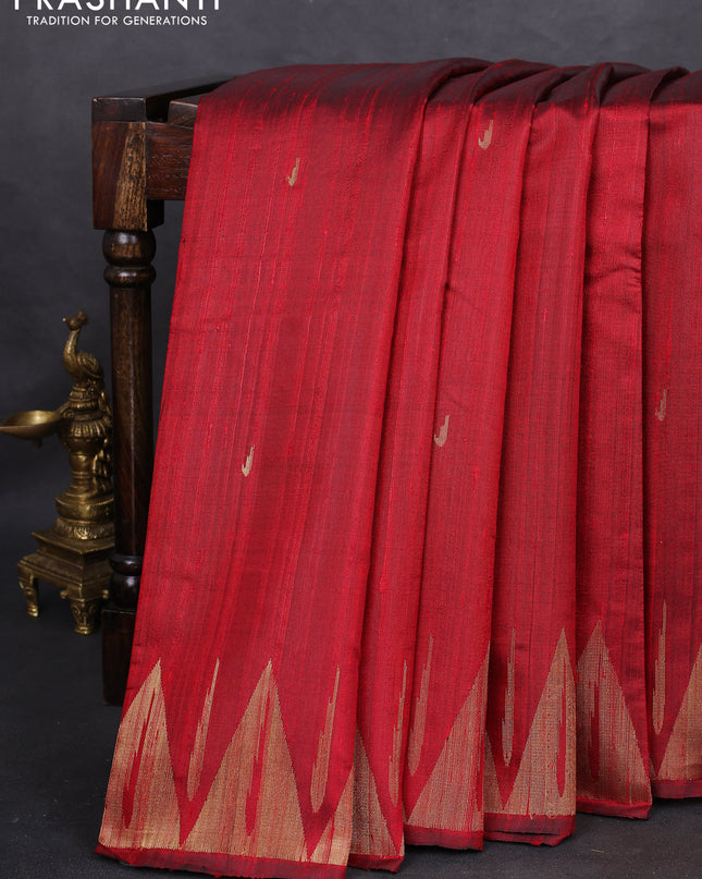 Pure dupion silk saree maroon with zari woven muniya buttas and temple design zari woven border