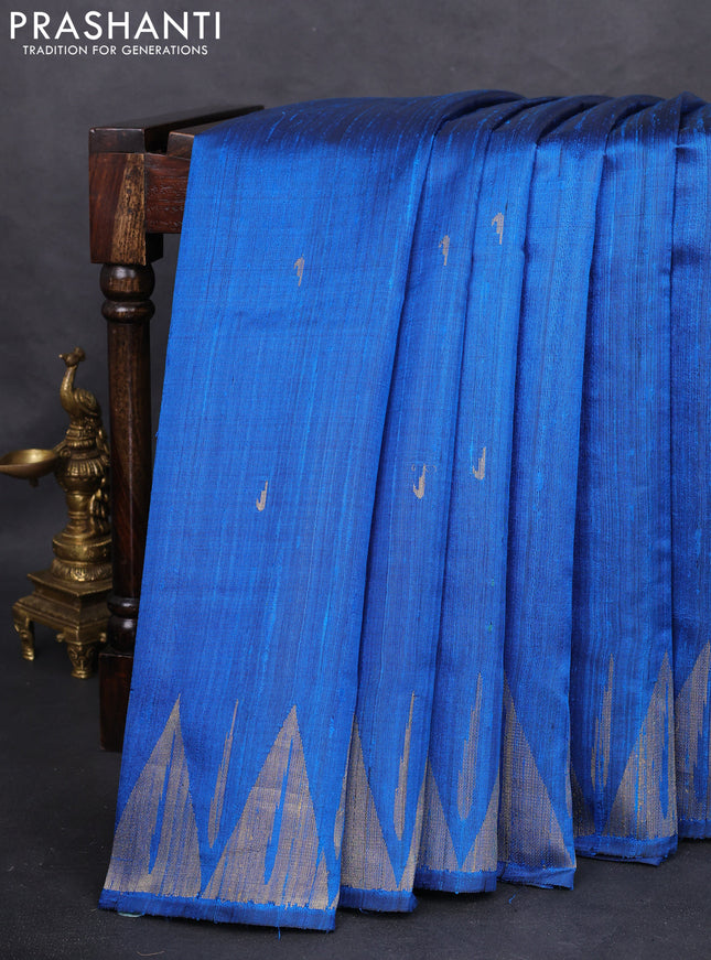 Pure dupion silk saree cs blue with zari woven muniya buttas and temple design zari woven border