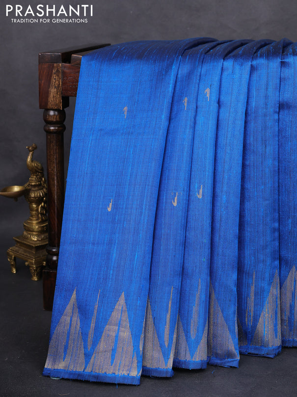 Pure dupion silk saree cs blue with zari woven muniya buttas and temple design zari woven border