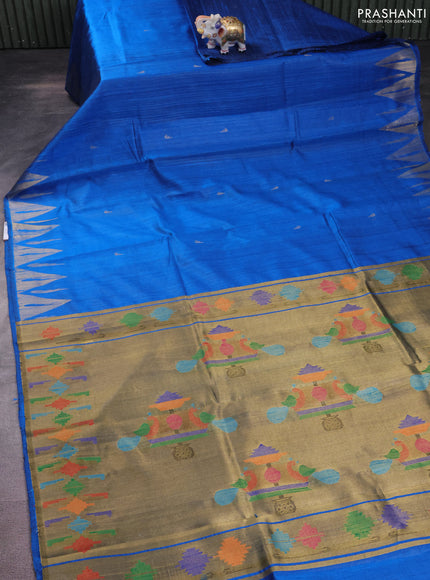 Pure dupion silk saree cs blue with zari woven muniya buttas and temple design zari woven border