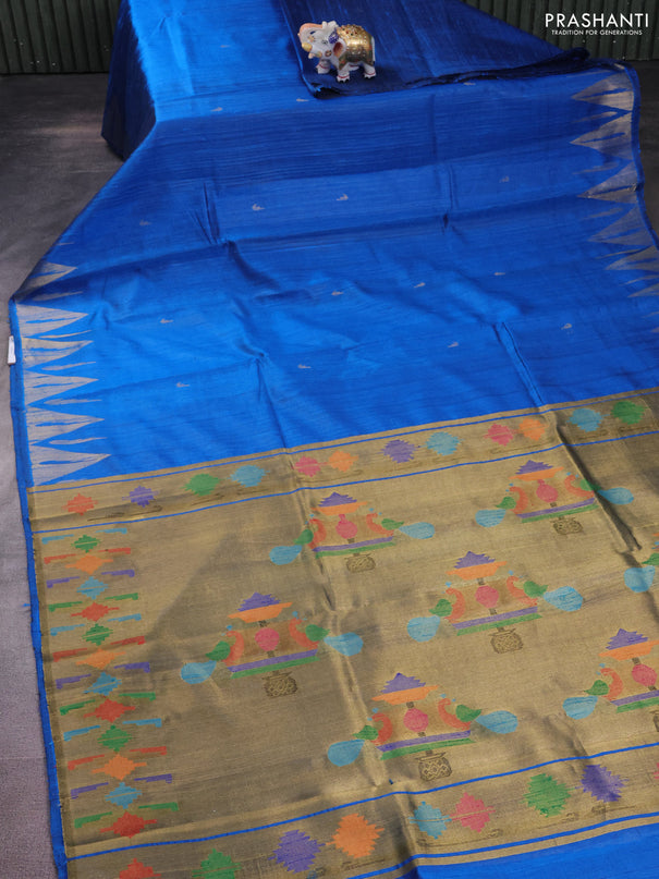 Pure dupion silk saree cs blue with zari woven muniya buttas and temple design zari woven border