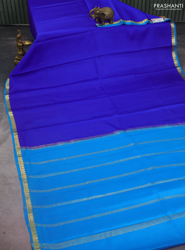 Pure mysore silk saree royal blue and cs blue with plain body and paisley zari woven border