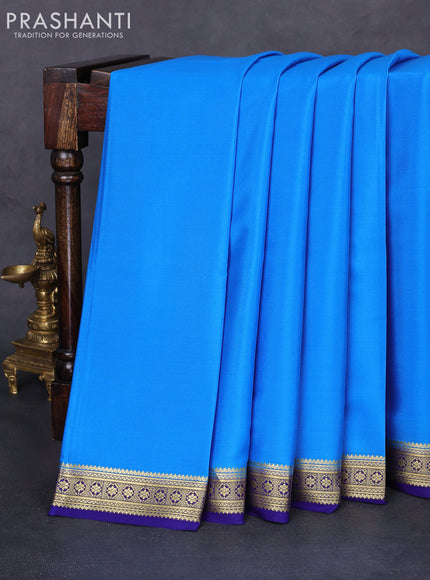 Pure mysore silk saree cs blue and blue with plain body and zari woven border