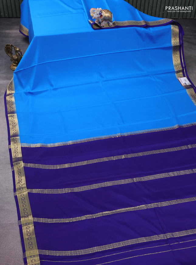 Pure mysore silk saree cs blue and blue with plain body and zari woven border