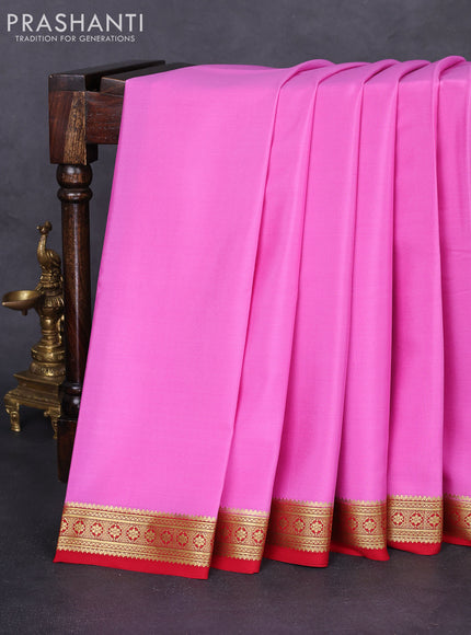 Pure mysore silk saree light pink and red with plain body and zari woven border