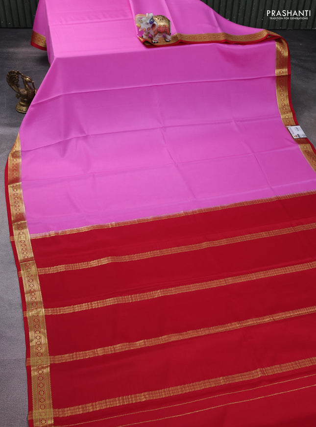 Pure mysore silk saree light pink and red with plain body and zari woven border