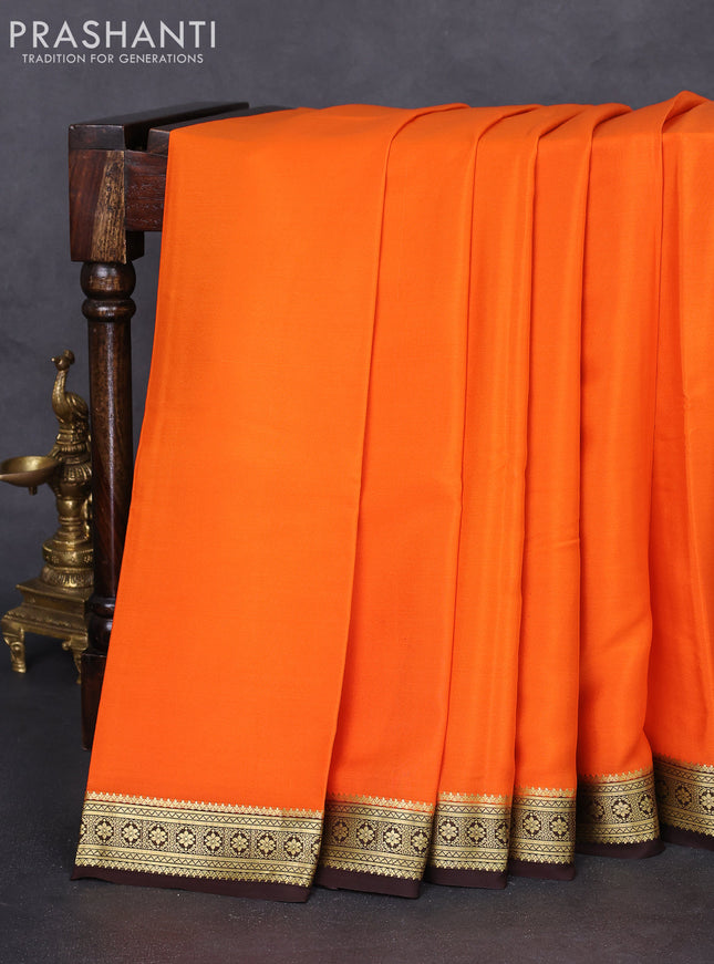 Pure mysore silk saree orange and coffee brown with plain body and zari woven border
