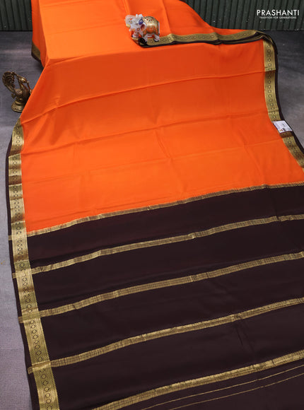 Pure mysore silk saree orange and coffee brown with plain body and zari woven border