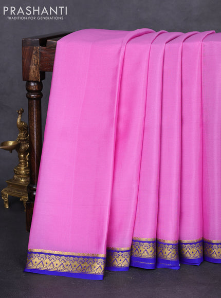 Pure mysore silk saree lotus pink and blue with plain body and zari woven border