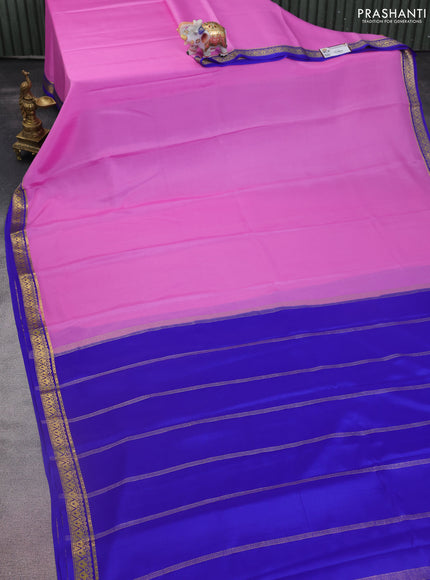 Pure mysore silk saree lotus pink and blue with plain body and zari woven border