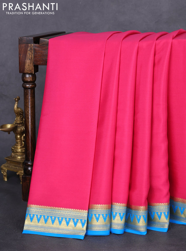 Pure mysore silk saree pink and cs blue with plain body and temple zari woven border
