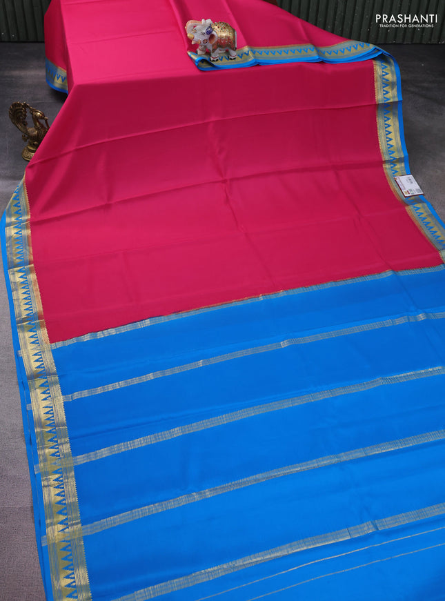 Pure mysore silk saree pink and cs blue with plain body and temple zari woven border