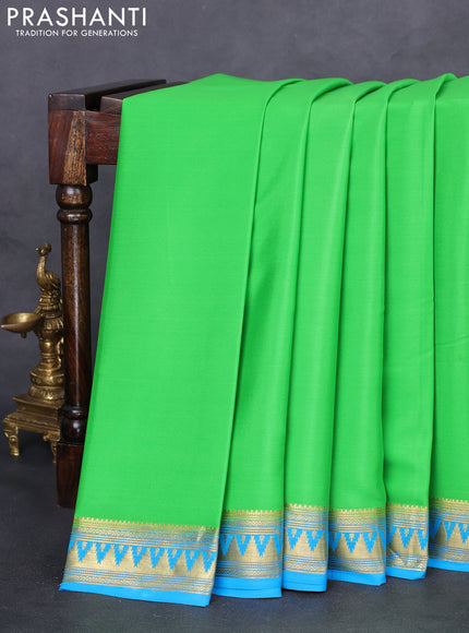 Pure mysore silk saree light green and light blue with plain body and temple zari woven border