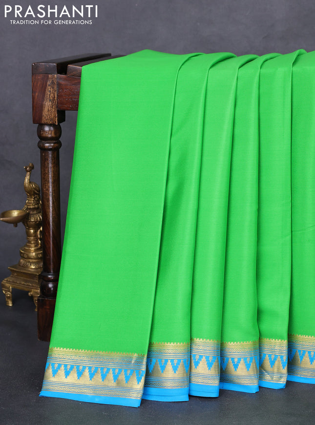 Pure mysore silk saree light green and light blue with plain body and temple zari woven border