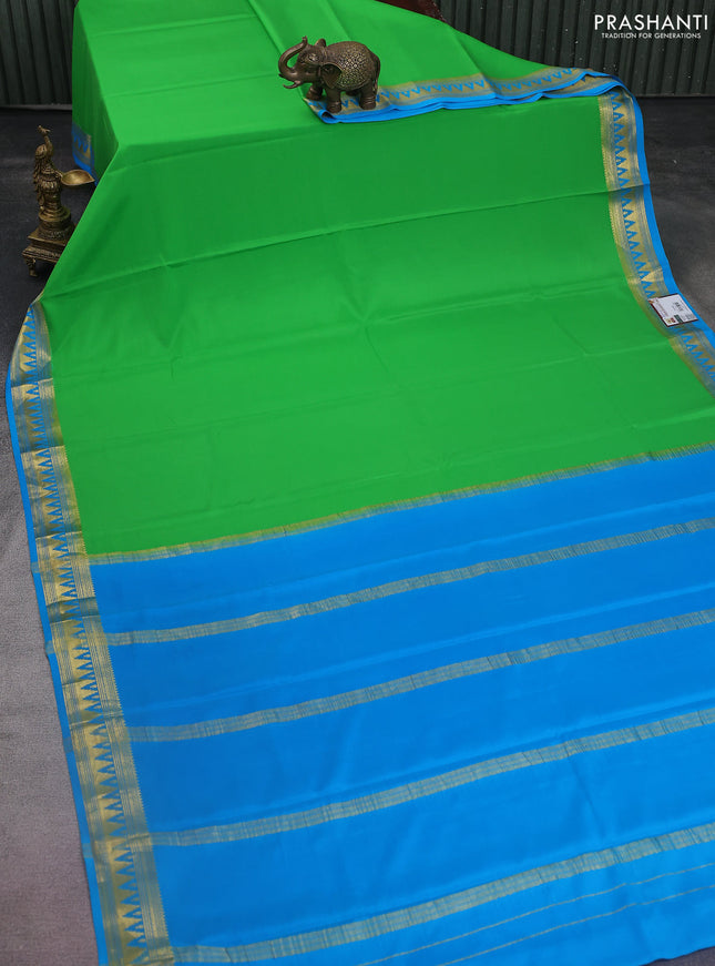 Pure mysore silk saree light green and light blue with plain body and temple zari woven border