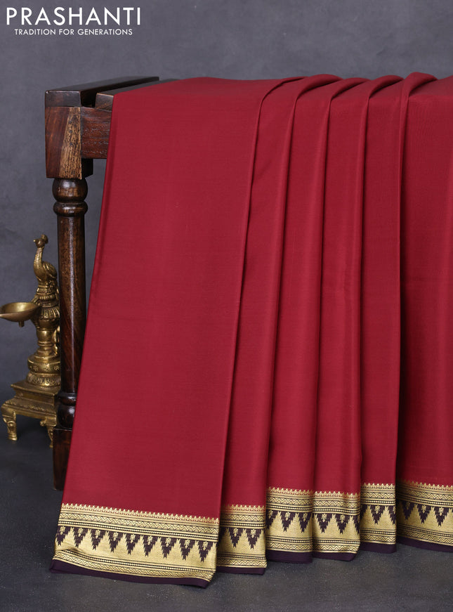 Pure mysore silk saree brown and deep jamun with plain body and temple zari woven border