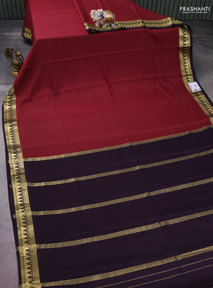 Pure mysore silk saree brown and deep jamun with plain body and temple zari woven border