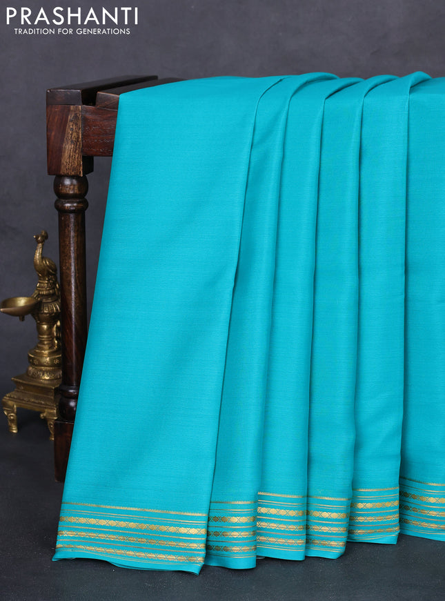 Pure mysore silk saree teal green shade with plain body and zari woven border