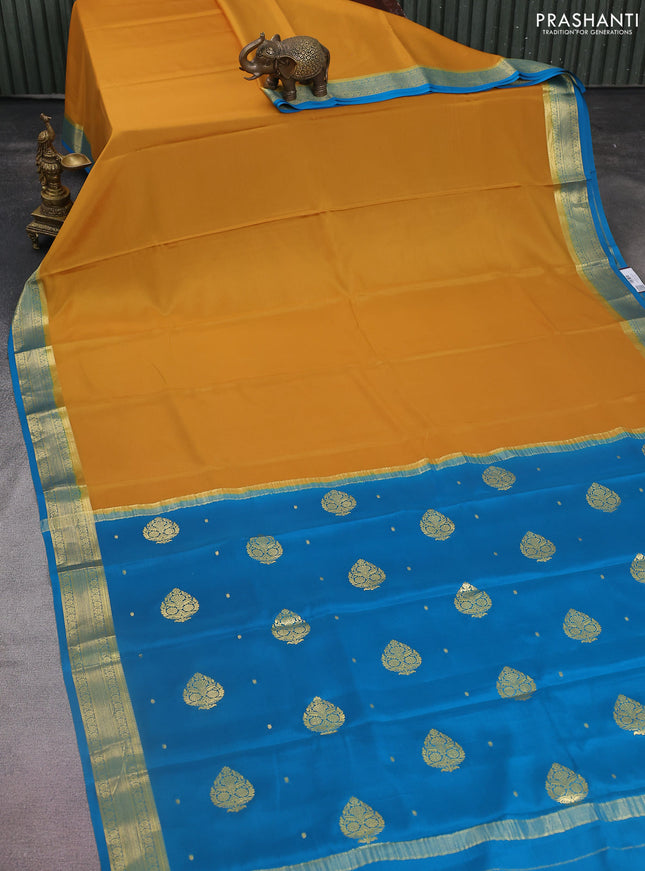 Pure mysore silk saree mustard yellow and cs blue with plain body and zari woven border
