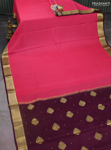 Pure mysore silk saree candy pink and wine shade with plain body and zari woven border