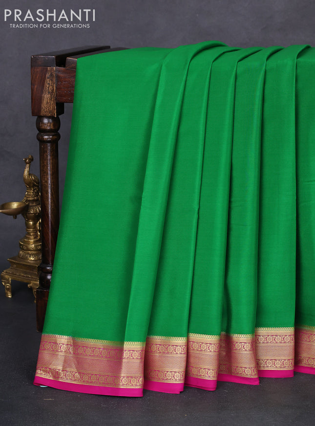 Pure mysore silk saree green and pink with plain body and zari woven border