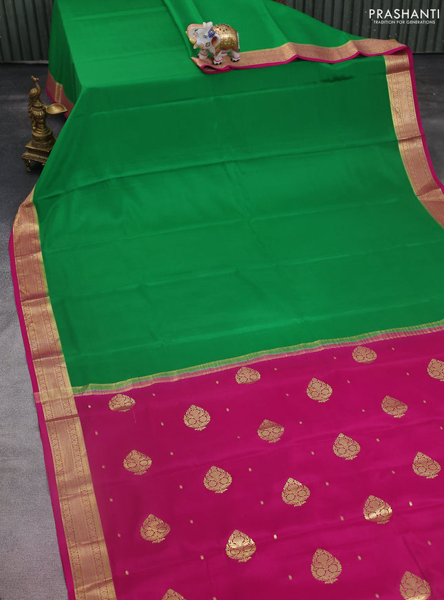 Pure mysore silk saree green and pink with plain body and zari woven border