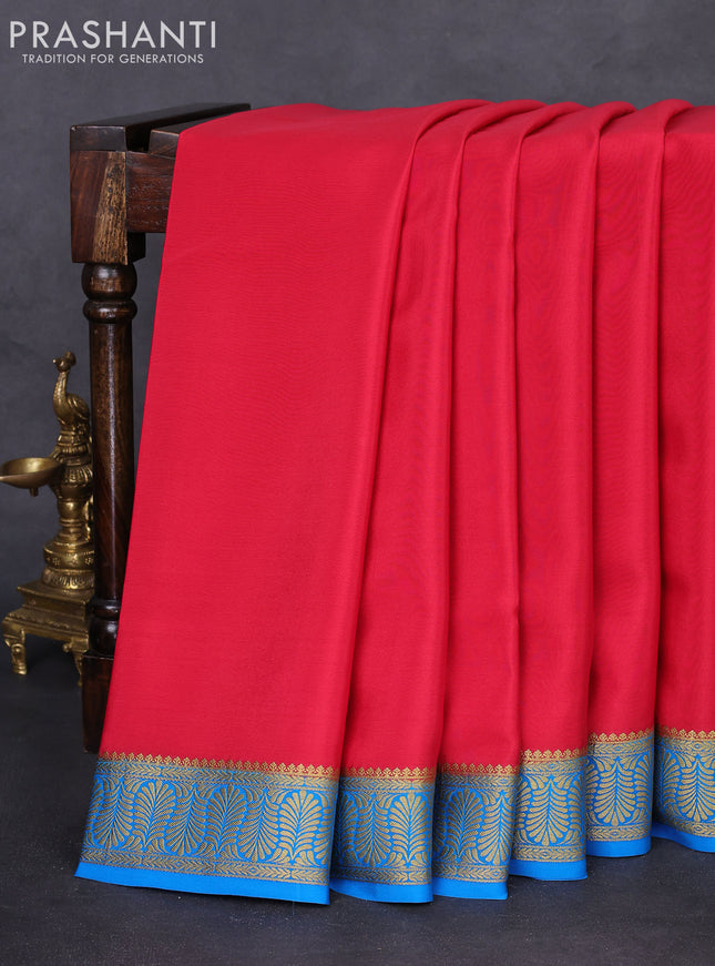 Pure mysore silk saree tomato red and cs blue with plain body and zari woven border