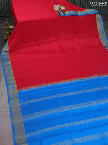 Pure mysore silk saree tomato red and cs blue with plain body and zari woven border