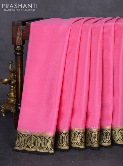 Pure mysore silk saree peach pink and black with plain body and zari woven border