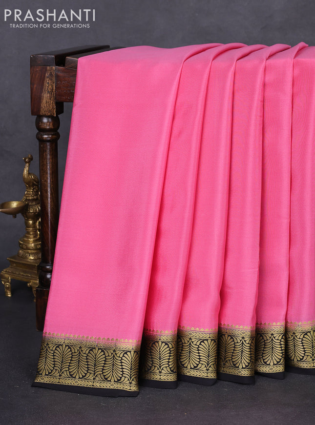 Pure mysore silk saree peach pink and black with plain body and zari woven border