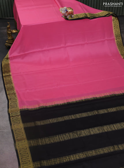 Pure mysore silk saree peach pink and black with plain body and zari woven border
