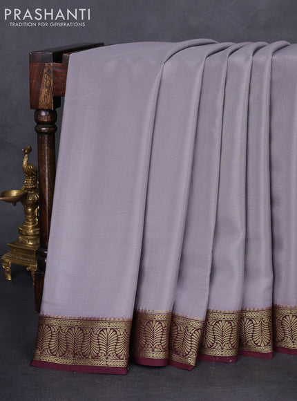 Pure mysore silk saree grey and wine shade with plain body and zari woven border