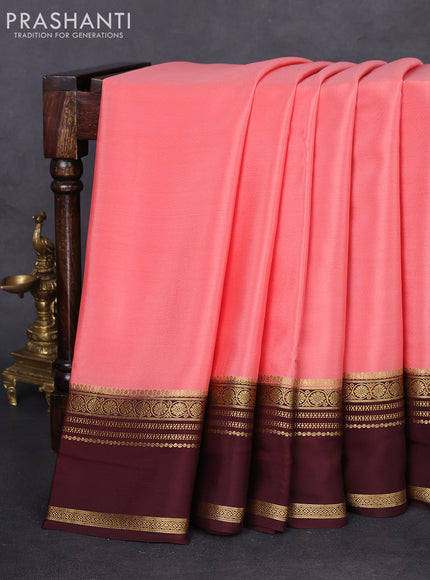 Pure mysore silk saree peach shade and coffee brown with plain body and rettapet zari woven border